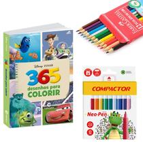 Kit Livro para Colorir 365 Desenhos Toy Story Disney com Lápis 12 Cores Faber e Canetinhas Hidro Infantil