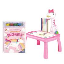 Kit Livro Para Colorir Giz C/ Mesinha Projetora Unicórnio Desenhar Interativa + 12 Canetinhas