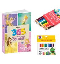 Kit Livro Para Colorir Princesas + lápis Cor + Canetinha