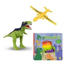 Kit Livro Popssauro C/ Playset Dinossauro + Avião - Pop It Animado Squad Brinquedo