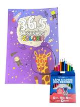 Kit Livro roxo p/ colorir 365 Desenhos+12 mini Lápis de cor