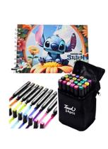Kit Livro Stitch Colorir Capa Dura + Estojo Canetinhas 24 Cores