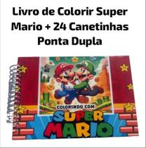 Kit Livro Super Mario Capa Dura + 24 Canetinha Ponta Dupla Para Colorir