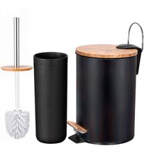 Kit Lixeira 12 Litros C/Tampa de Bambu e Pedal Lavabo e Cesto Removível e Escova para Vaso Sanitário Suporte Banheiro