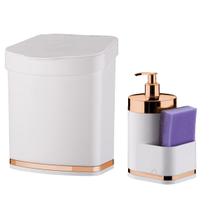 Kit Lixeira 2,5L Dispenser Porta Detergente Branco Rose Gold