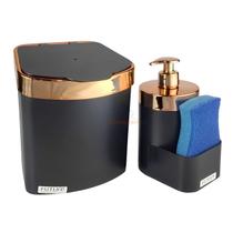 Kit Lixeira 2,5L Dispenser Porta Detergente Líquido Esponja Para Pia Cozinha Preto Rose Gold - Future