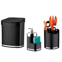 Kit Lixeira 2,5L Escorredor Talheres Dispenser Porta Detergente Organizadores de Pia Cozinha Preto Cromado - Future