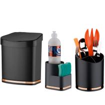 Kit Lixeira 2,5L Escorredor Talheres Porta Detergente Organizadores de Pia Cozinha Preto Cobre Rose Gold - Future