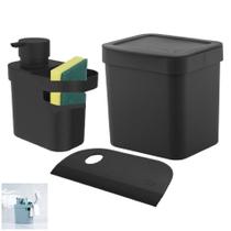 Kit Lixeira 2,5L Porta Detergente Rodo Cozinha Ou - Preto