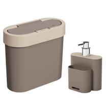 Kit Lixeira 2,8 Litros Cesto De Lixo Dispenser Porta Detergente Esponja Pia Cozinha Flat - Coza