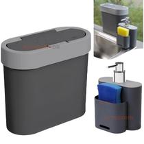Kit Lixeira 2,8 Litros e Dispenser Detergente Esponja Pia Cozinha Flat - Coza