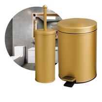 Kit Lixeira 3L Dourada Inox e Escova Sanitária com Suporte Crie Construa
