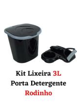 Kit Lixeira 3L Porta Detergente raso de Pia e Rodinho Puxador Fino