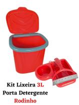 Kit Lixeira 3L Porta Detergente raso de Pia e Rodinho Puxador Fino