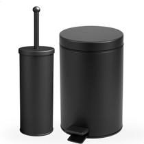 Kit Lixeira 3L Preto Fosco E Escova Sanitária com Suporte Aço Inox