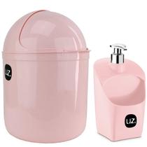 Kit Lixeira 4L Capacete E Dispense De Detergente Porta Esponja Rosa Quartzo - UZ Utilidades