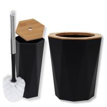 Kit Lixeira 5 Litros E Escova Sanitária Preto E Bambu 2 Peças Sextavado Banheiro