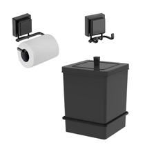 Kit Lixeira 6,5L Quadrada Com Suporte Porta Papel Higiênico Gancho Duplo Ventosa Preto Fosco - Future