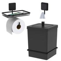 Kit Lixeira 6,5L Quadrada Com Suporte Porta Papel Higiênico Gancho Multiuso Adesivo Preto Fosco - Future