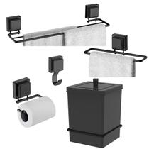 Kit Lixeira 6,5L Quadrada Com Suporte Toalheiro Porta Papel Higiênico Gancho Ventosa Preto Fosco - Future