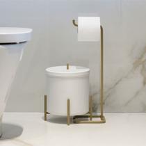 Kit Lixeira 6L Branco e Dourado e Porta Papel Dourado Aço Level Elegância para Banheiro Kit Lixeira 6L Branco e Dourado e Porta Papel Dourado Aço Level Elegância para Banheiro