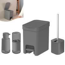 Kit Lixeira 6L Com Pedal Porta Escova Sanitária Dente Dispenser Sabonete Banheiro Chumbo - Ou