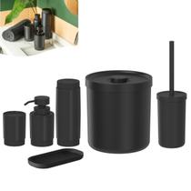 Kit Lixeira 6L Porta Escova Dente Sanitária Algodão Cotonete Dispenser Sabonete Bandeja Banheiro Preto Fosco - Ou