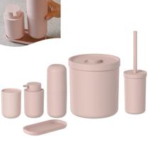 Kit Lixeira 6L Porta Escova Dente Sanitária Algodão Cotonete Dispenser Sabonete Bandeja Banheiro Rosa Fosco - Ou