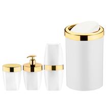 Kit Lixeira 8L Basculante Dispenser Sabonete Porta Escova Dente Algodão Branco Dourado Banheiro - Future