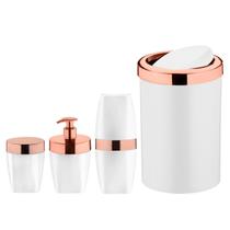 Kit Lixeira 8L Basculante Dispenser Sabonete Porta Escova Dente Algodão Branco Rose Gold Banheiro - Future