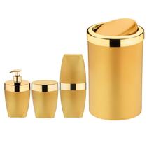 Kit Lixeira 8L Basculante Dispenser Sabonete Porta Escova Dente Algodão Dourado Banheiro - Future