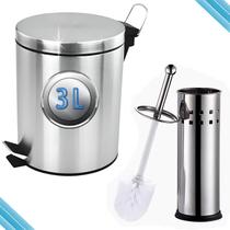 Kit Lixeira Cesto 3 Litros Inox + Escova Sanitária Inox