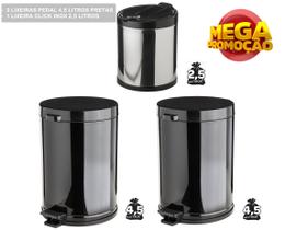 Kit Lixeira Cesto de Lixo Pedal 4,5 Litros Pretas + 1 Lixeira Click de Pia 2,5 Litros Inox - VIEL