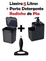 Kit Lixeira Cesto de Pia Rattan 5 litros + Porta Detergente e Sabonete Líquido Rattan Preto + Rodinho De Pia Preto Cozinha Banheiro