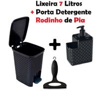 Kit Lixeira Cesto Rattan 7 litros com pedal + Porta Detergente e Sabonete Líquido Rattan Preto + Rodinho De Pia Preto Co