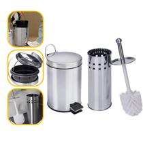 Kit Lixeira cesto Removível com pedal Inox 3 Litros + 01 Escova Sanitária com Suporte para banheiro
