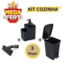 Kit Lixeira Cozinha 7 Litros Rattan C/ Pedal + Porta Detergente + Rodinho De Pia Preto - Arqplast