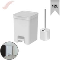 Kit Lixeira De Banheiro De Pedal 12L E Escova Sanitária Inox com Suporte tampa Abre e Fecha Linha Dual