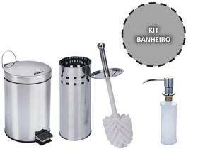 Kit Lixeira de banheiro Inox Fechamento Soft Close 5 lts + escova sanitária aço inox + Dispenser