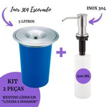 Kit Lixeira de Embutir Pia Cozinha 5 Litros Azul Inox Escovado + Dosador de detergente Inox Escovado Embutir- Westing