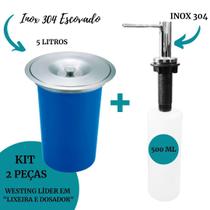 Kit Lixeira de Embutir Pia Cozinha 5 Litros Azul Inox Escovado + Dosador de detergente Inox Polido Embutir- Westing