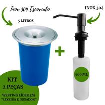 Kit Lixeira de Embutir Pia Cozinha 5 Litros Inox Escovado + Dosador de detergente Inox Preto Fosco Embutir- Westing