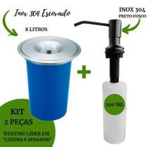 Kit Lixeira de Embutir Pia Cozinha 8 Litros Azul Inox Escovado + Dosador de detergente Inox Preto Fosco Embutir-Westing