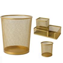 Kit Lixeira de Escritorio Cesto de lixo 10 L, Porta Lápis 3 Divisórias e 1 Porta Treco Redondo Dourado Gv Office