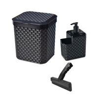 Kit Lixeira De Pia 5 Litros, Porta Detergente Rattan e Rodinho de Pia ArqPlast Preto - Arplast