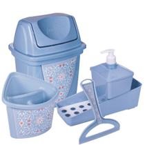 Kit lixeira de pia, porta detergente e esponja, escorredor de talheres e rodinho azul floral Plasutil