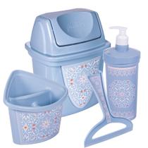 Kit lixeira de pia, porta detergente, escorredor de talheres e rodinho azul floral Plasutil
