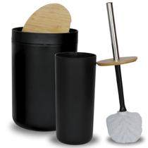 Kit Lixeira e Escova Sanitaria Banheiro Tampa Bambu Basculante