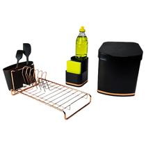 Kit Lixeira Escorredor Porta Detergente Rose Gold - Preto