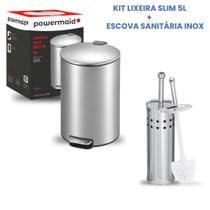 Kit Lixeira Escovado Inox Slim 5L Powermaid + Escova Inox Sanitária Ke Home